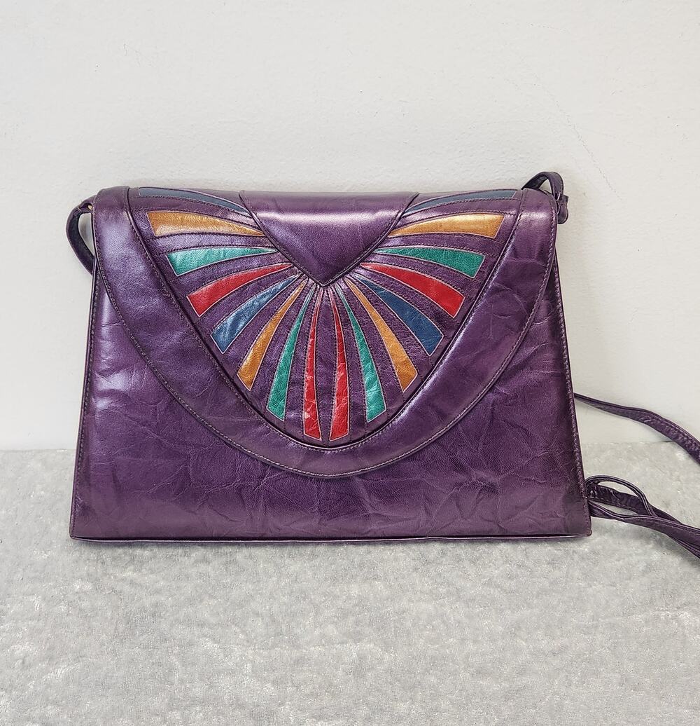 Vintage Womens Purple w Multicolor Rainbow Crossbody Handbag
